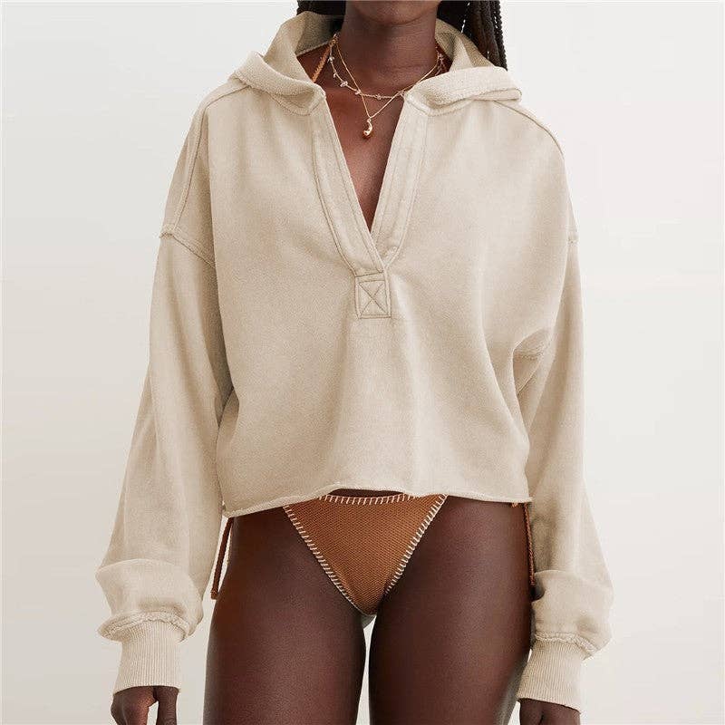 Loose Fit V-Neck Hoodie In Solid Color