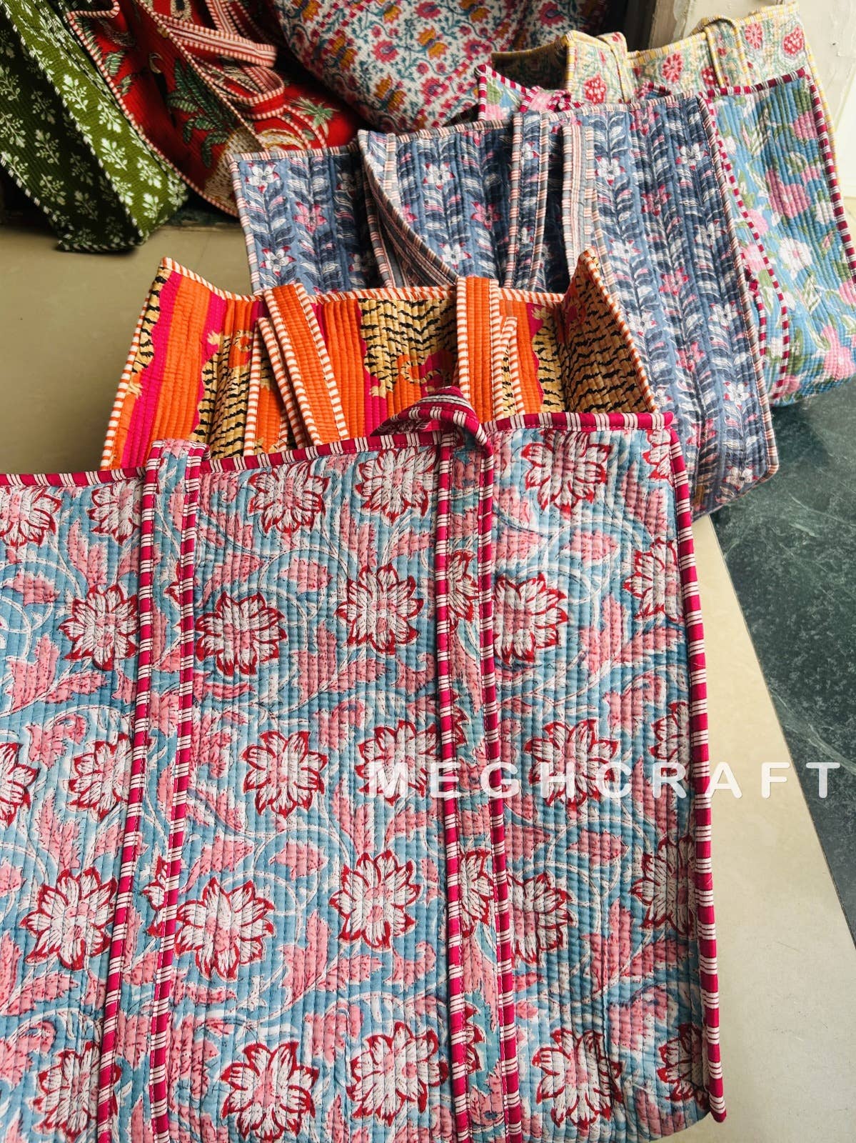 Cotton Quilted Block Printed Tote Bag—Travel Bag | Beach Bag