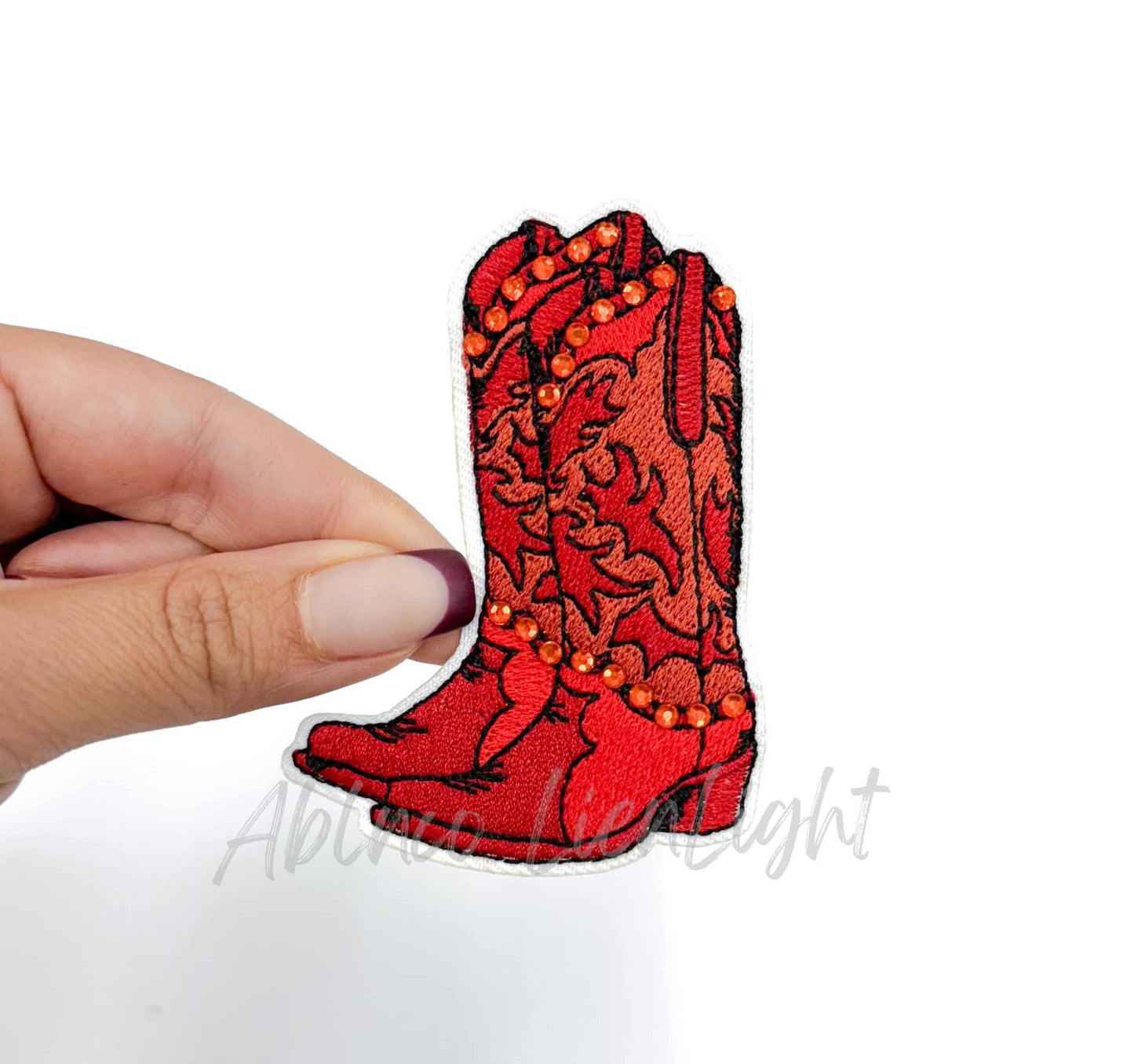 Red Rhinestone Cowgirl Boot Embroidery Patch (Iron On)