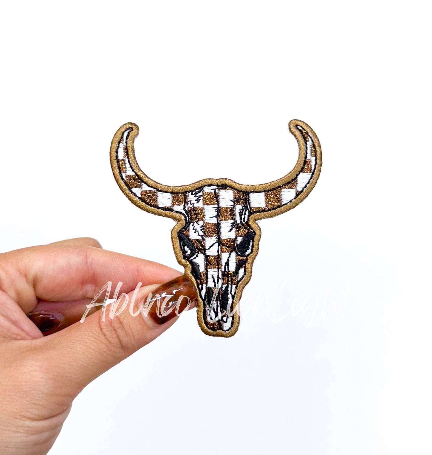 Brown Checkered Bull Head Skull Western Glitter Patch (Iron On)
