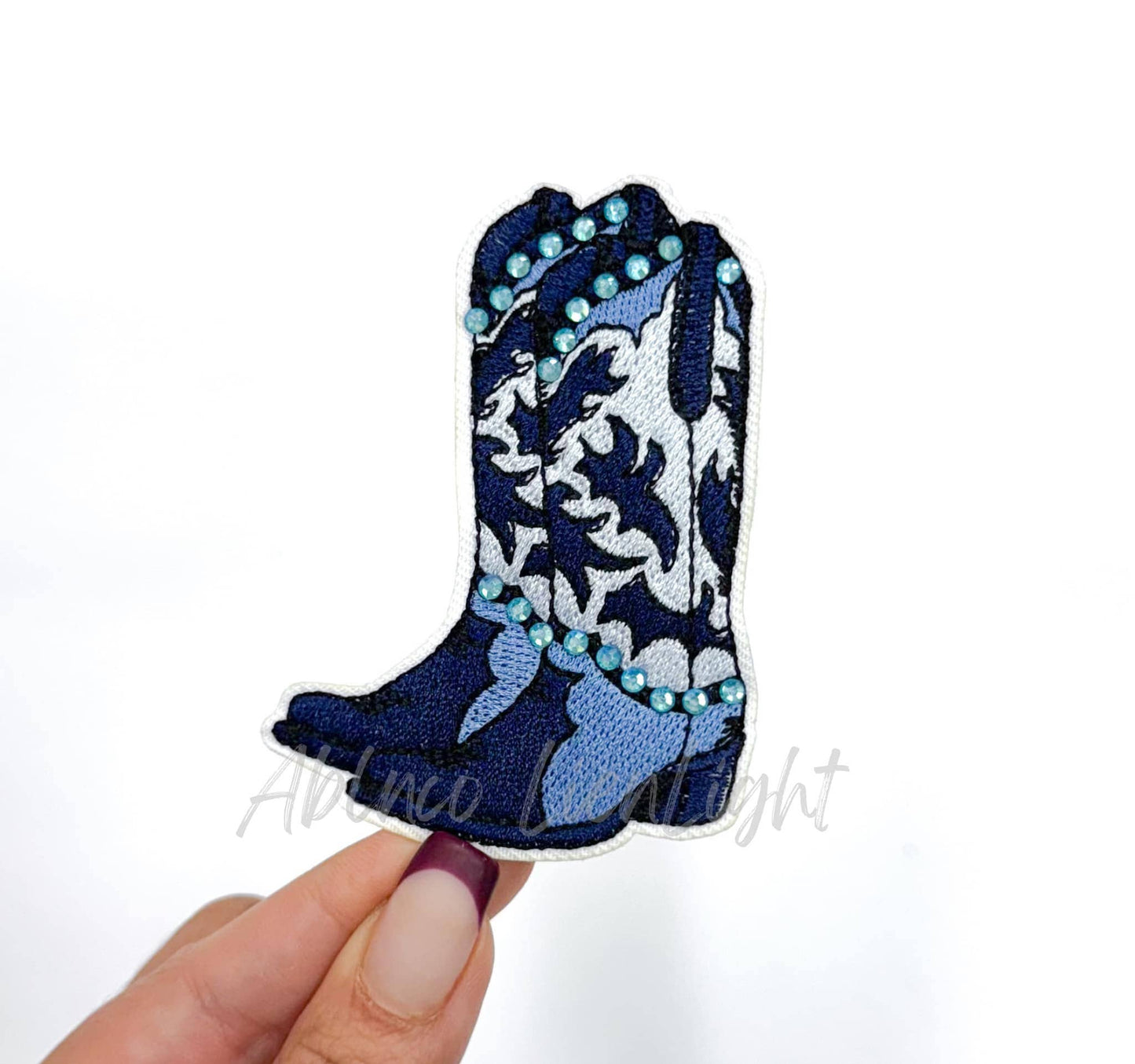 Blue Rhinestone Cowgirl Boot Embroidery Patch (Iron On)
