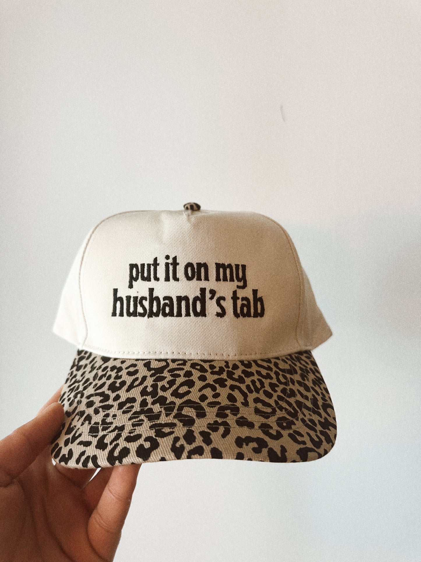 Put It On My Husbands Tab Cheetah Embroidered Hat