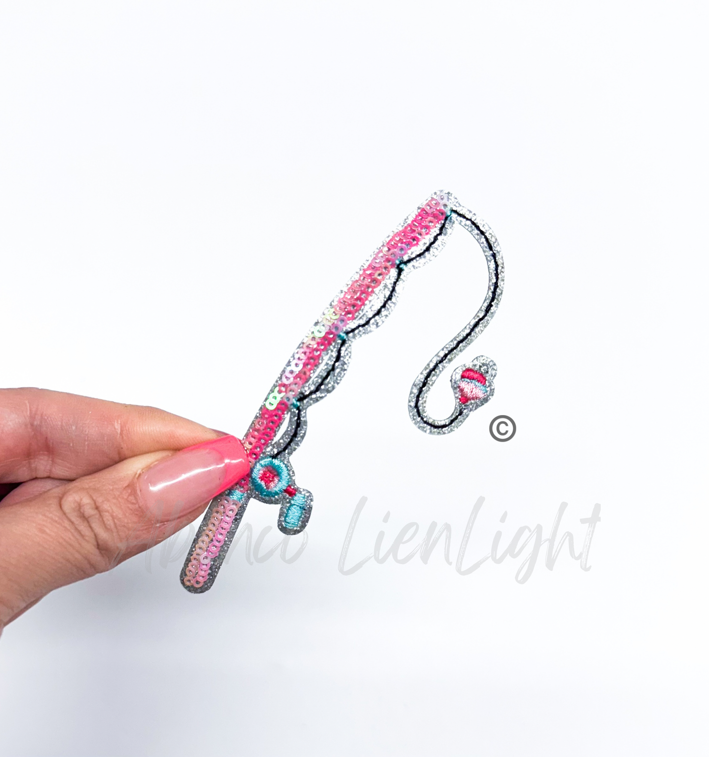 Pink Fishing Rod Sequins Patch (Iron On)