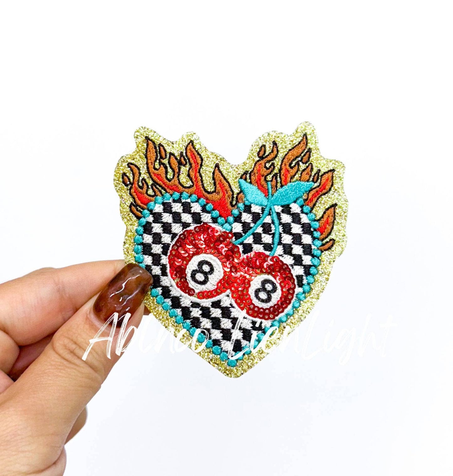 Flaming Checkered Heart 8 Ball Cherries Retro Western Sequin (Iron On)