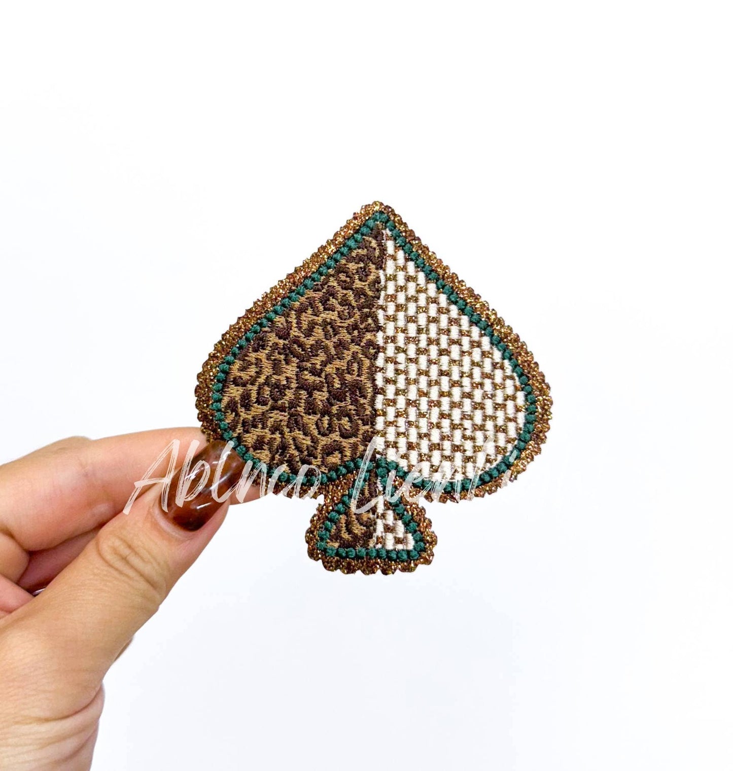 Brown Checkered Cheetah Print Spade Western Glitter Patch (Iron On)