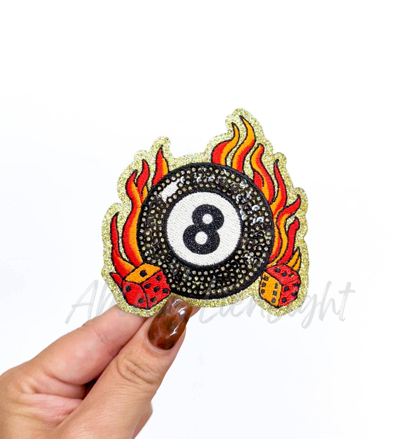 Flaming Dice & 8 Ball Retro Western Sequin Patch (Iron On)