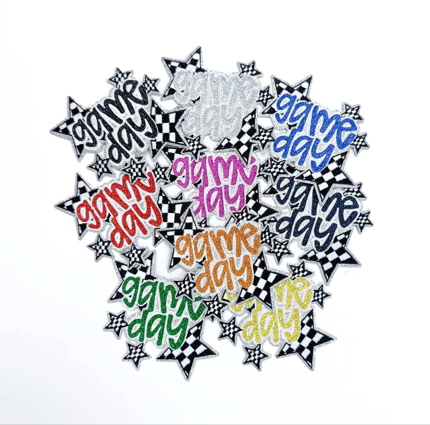 Black Game Day Checkered Star Sequin Glitter Patch (Iron On)