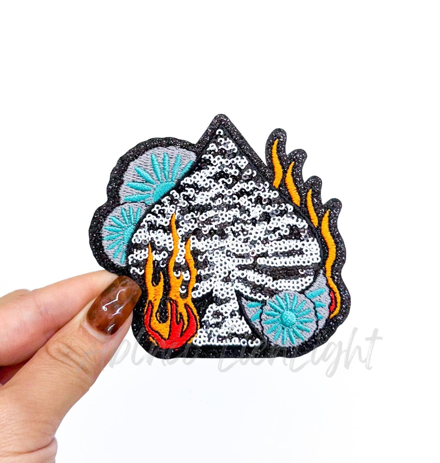 Flaming Zebra Spade Retro Western Sequin Patch (Iron On)