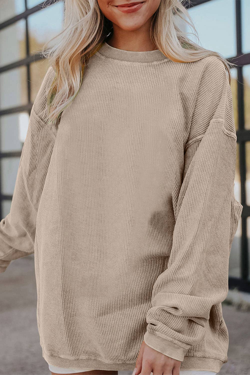 Customizable Long Sleeve Ribbed Corded Oversized Sweatshirt