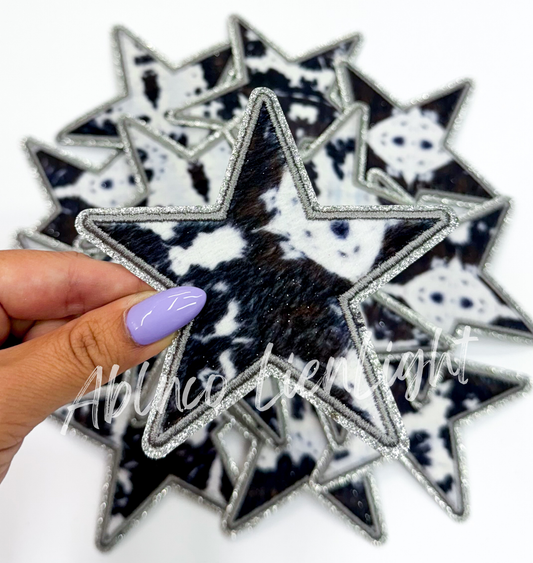 White Cow Print Star Glitter Patch (Iron On)