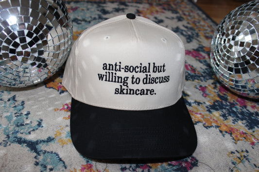 Antisocial But Willing To Discuss Skin Care Black Trucker Hat
