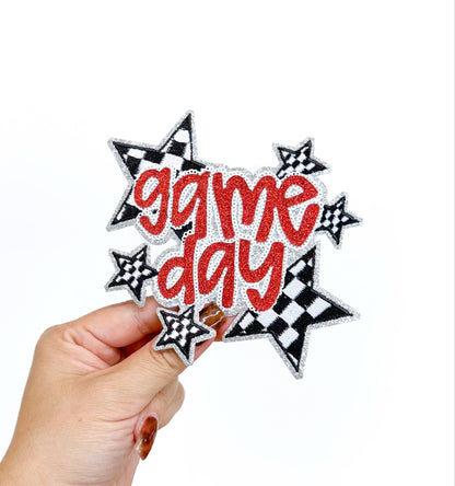 Red Game Day Checkered Star Sequin Glitter Patch 