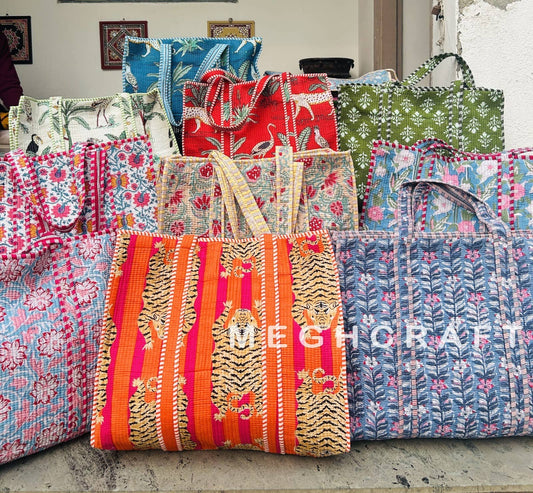 Cotton Quilted Block Printed Tote Bag—Travel Bag | Beach Bag