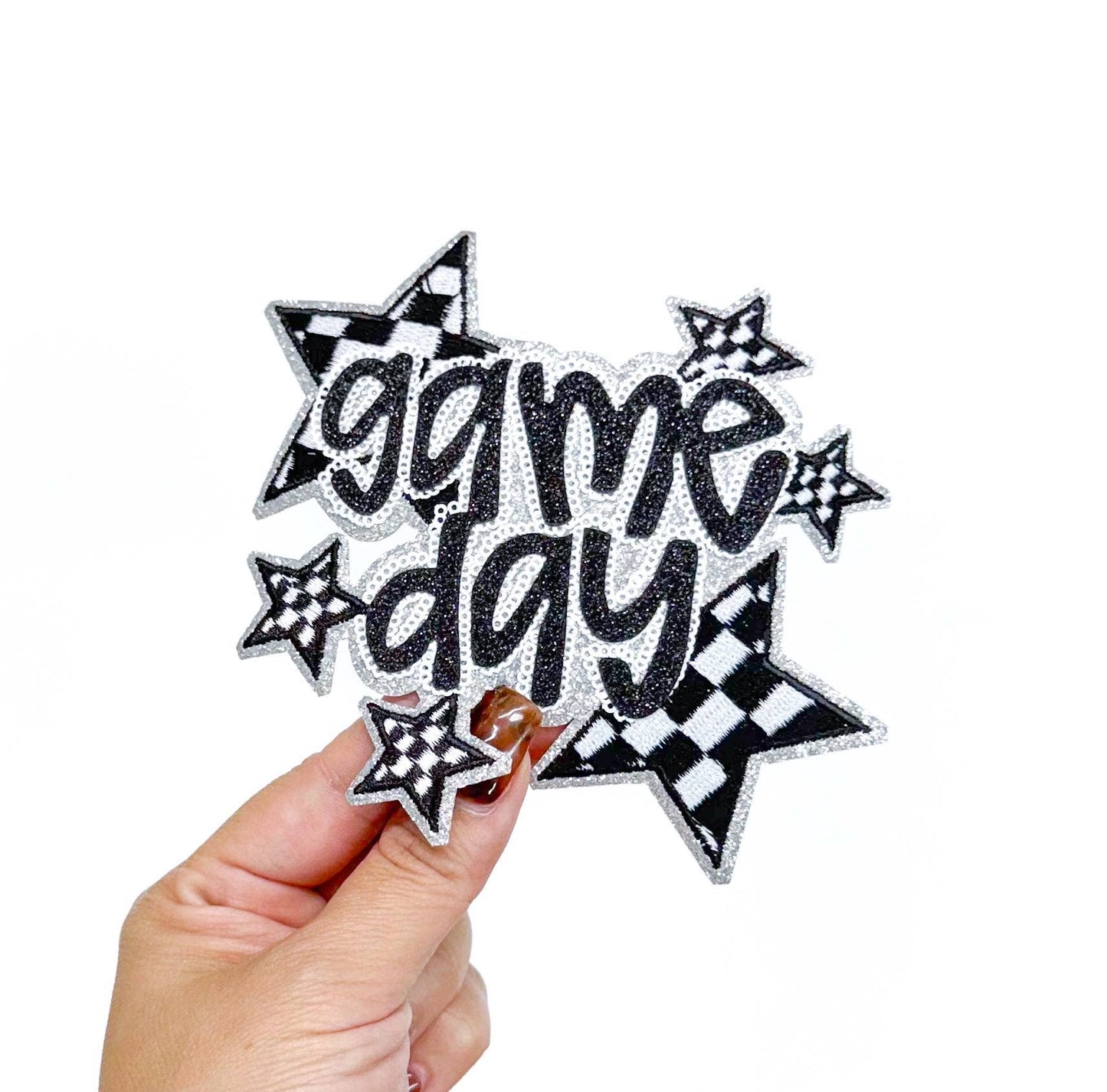 Black Game Day Checkered Star Sequin Glitter Patch (Iron On)